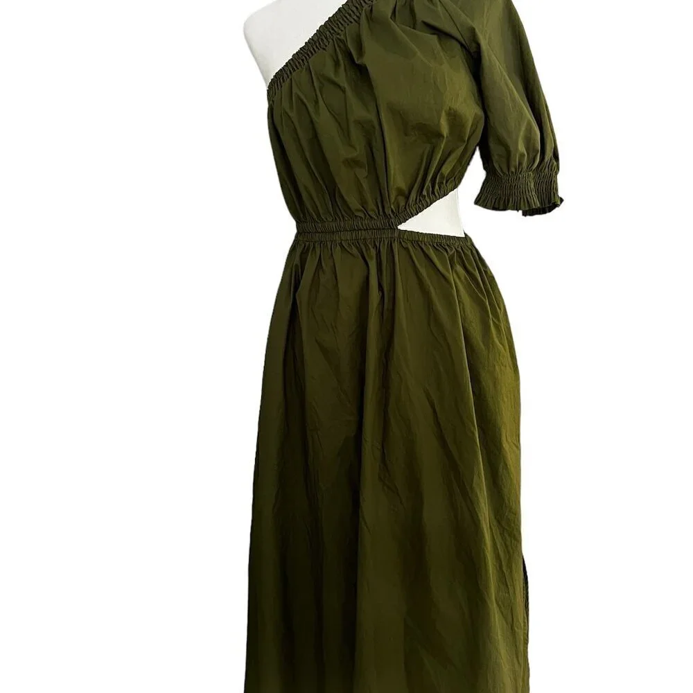 Who What Wear Olive Green‎ Puff Short Sleeve Cut Out Midi Dress Size Small